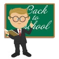 Young cute little primary schoolboy with textbook standing next to blackboard with back to school text