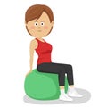 Young cute woman sitting on a yoga ball isolated over white background