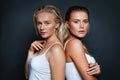 Young cute women wearing white shirt. Two models with natural clear skin and blonde hair Royalty Free Stock Photo
