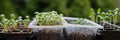 Young cutting flower seedlings growing in a propagation trays. Spring gardening banner. Zinnia, Aster and Dahlia sprouts.