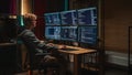 Young Cyber Security Expert Writing Code on Desktop PC With Professional Six Monitors Setup in the