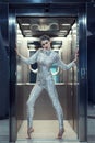 Young cyber woman in silver futuristic costume standing in the elevator.