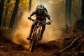 Young cyclist wearing protective gear rides an agile mountain bike through a mountain filled with tall trees. The road surface was