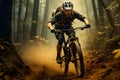 Young cyclist wearing protective gear rides an agile mountain bike through a mountain filled with tall trees. The road surface was