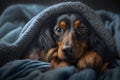 A young Dachshund dog under a blanket. The pet is basking under the plaid. The concept of caring for pets.