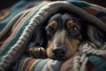 A young Dachshund dog under a blanket. The pet is basking under the plaid. The concept of caring for pets.