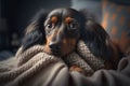 A young Dachshund dog under a blanket. The pet is basking under the plaid. The concept of caring for pets.