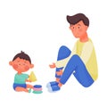 Young Dad and His Baby Playing with Toy Blocks Vector Illustration