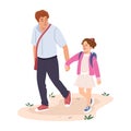 Young dad leading girl kid to school, holding by hand. Father and daughter going together. Happy girl with backpack Royalty Free Stock Photo