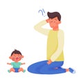 Young Dad Sitting and Wondering Why His Baby Crying Vector Illustration Royalty Free Stock Photo