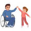 Young dad with special needs sits in a wheelchair and plays happily with his cute little daughter Royalty Free Stock Photo