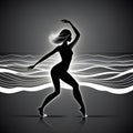 Young dancer girl dancing along the sea water, wave form., vector line style