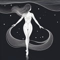 Young dancer girl dancing along the sea water, wave form., vector line style