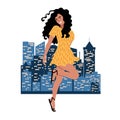 Young dancing woman with curvy hair in yellow dress on the background of the night city. Happy girl drawing in flat style.