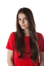 Young dark hair woman in red dress on white background.