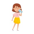 Young Dark-haired Girl Character Standing and Drinking Still Water From Glass Vector Illustration