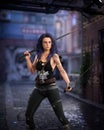 Young dark haired urban fantasy female character standing in a seedy back street with two swords. 3D rendering Royalty Free Stock Photo