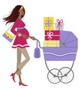 Young dark skin pregnant woman with gifts in a pram Royalty Free Stock Photo