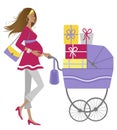 Young dark skin pregnant woman with gifts in a pram Royalty Free Stock Photo