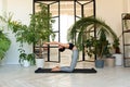 Young darkhair woman practicing yoga in the morning at her home near plants. The woman is engaged in self-determination