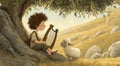 A young David playing the harp under an olive tree, with sheep grazing in the background. Generative AI. Royalty Free Stock Photo