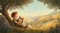 A young David playing the harp under an olive tree, with sheep grazing in the background. Generative AI. Royalty Free Stock Photo