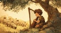 A young David playing the harp under an olive tree, with sheep grazing in the background. Generative AI. Royalty Free Stock Photo