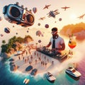 young deejay, wear glasses earphone hosting dj set at crowded beach party tropical island isometric