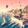 young deejay, wear glasses earphone hosting dj set at crowded beach party tropical island isometric Royalty Free Stock Photo