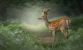 Young Deer with Antlers in a Misty Forest Royalty Free Stock Photo