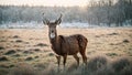 A young deer with beautiful horns standing in the grass in the early morning Royalty Free Stock Photo