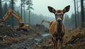Young deer in forest with construction site. Deer stands on muddy ground. Excavators work in background. Trees are being cut Royalty Free Stock Photo