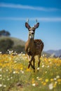 Young deer running in a field of flowers on a sunny day. Royalty Free Stock Photo