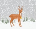 Young deer in winter landscape with falling snow festive Christmas background place for text