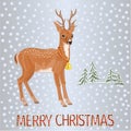 Young deer in winter landscape with falling snow and inscription Merry Christmas festive  background Royalty Free Stock Photo