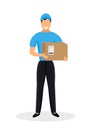 Young delivery man in blue uniform holding a box isolated on a white background. Shipping flat design. Vector illustration Royalty Free Stock Photo