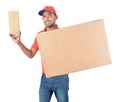 Young delivery man carrying carton boxes in uniform Royalty Free Stock Photo
