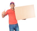 Young delivery man holding carton box in uniform Royalty Free Stock Photo