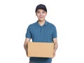 Young delivery man holding carton package isolated on white