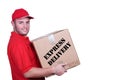 Young delivery man in red uniform holding the box