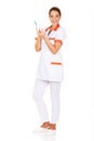 Young dentist woman with toothbrush and tooth model