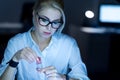 Young depressed businesswoman suffering from headache at work Royalty Free Stock Photo