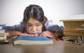 Young depressed and stressed Asian Korean student girl working with laptop and book pile overwhelmed and frustrated preparing exam Royalty Free Stock Photo