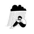 Young depressed woman sitting under black raining cloud. Unhappy female alone. Depression concept vector outline