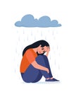 Young depressed woman sitting under metaphoric rainy cloud. Lonely sad female hugging her knees. Concept of depression, mental Royalty Free Stock Photo