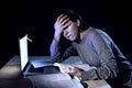 Young desperate university student girl in stress for exam studying with books and computer laptop late at night Royalty Free Stock Photo