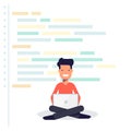 Young developer sitting with a laptop on the background of program code. Happy man. vector illustration in flat