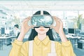 Young developer user dons a VR headset to interact with and experience a VR virtual reality interface environment