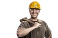 Young dirty Worker Man With Hard Hat helmet holding a hammer Royalty Free Stock Photo