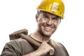 Young dirty Worker Man With Hard Hat helmet holding a hammer Royalty Free Stock Photo